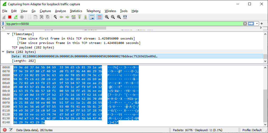 Wireshark showing initial packet data